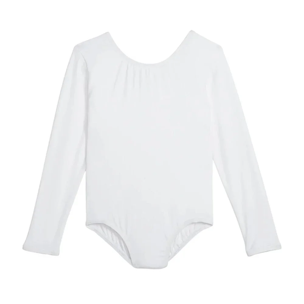 Danskin Childs L 12-14 Long Sleeve Leotard White Scoop Neck Bodysuit Class Dance